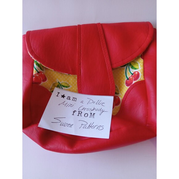 Handmade Cross Body Bag Red Faux Leather w/ Yellow & Cherry Retro Cotton - Picture 15 of 15